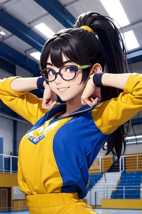 Beautiful female gymnast, 16 years old, long hair in a ponytail,,,,, bangs, eyeglasses, wristband, bright smile, in dynamic dance moves, At the Gymnastics Indoor Sports Building, Yellow and blue gymnastics uniform, anime