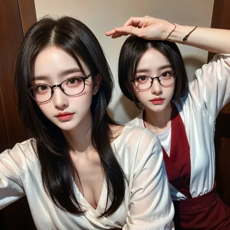 Perfect face, best quality, Black hair, glasses, white shirt,Red eyes,