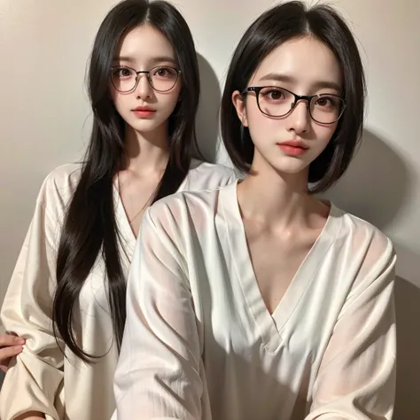 Perfect face, best quality, Black hair, glasses, white shirt,Red eyes,