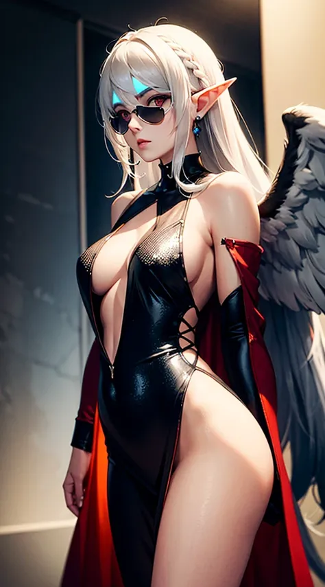 RAW, professional photograph, medium shot, photorealistic, realistic lights, realistic shadows, hyper-realistic, ray tracing, super detail, UHD, 8k, female elf, angel, large wings with white feathers, red queen dress, twenty years old, athletic body, soft ...