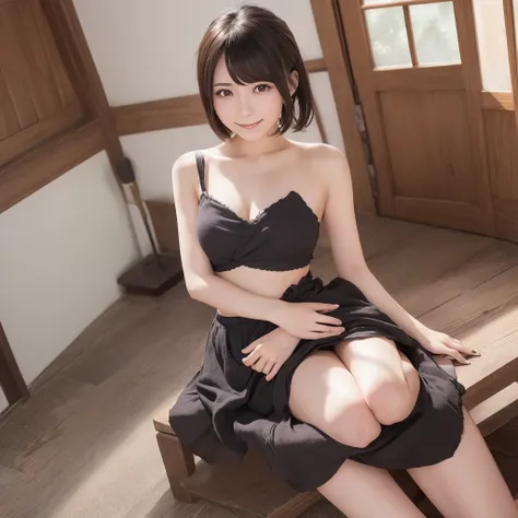 8K, ​masterpiece, top-quality, hight resolution, 1girl in, 21years old, Mikasa, gradient, gradient_Background, up looking_で_viewer, Nero_hair, Solo by JM, Yoshiko Akishino, traditional Japanese room, skirt by the, A smile, barechested、nudde