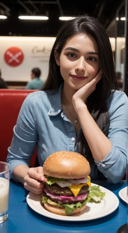 A 30-year-old Brazilian woman is eating a burger in a modern cafeteria decorated in blue and red.. He is happy., Looking at the camera. A highly detailed, a photo of.