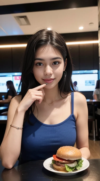 An 18-year-old Brazilian woman is eating a burger in a modern cafeteria decorated in blue and red.... He is happy..., Looking at the camera. A highly detailed, a photo of.