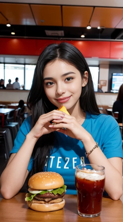 An 18-year-old Brazilian woman is eating a burger in a modern cafeteria decorated in blue and red..... He is happy...., Looking at the camera. A highly detailed, a photo of.