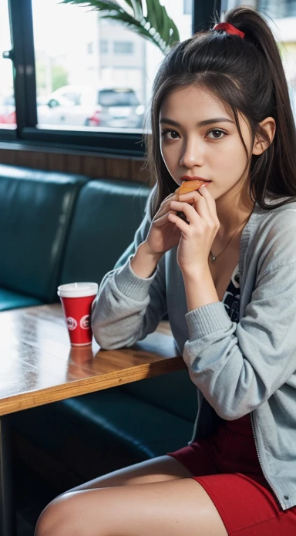 An 18-year-old Brazilian woman is eating a burger in a modern cafeteria decorated in blue and red...... He is happy....., Looking at the camera. A highly detailed, a photo of.