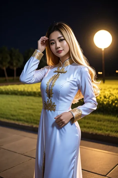 quality 4k A girl with blonde hair, wearing ao dai, under the moonlight