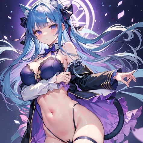 nsfw,1girl, frederica bernkastel, bangs, blue bow, blue hair, blunt bangs, bow, breast hold,  cat tail, crossed arms, dress, long hair, long sleeves, purple eyeackground, solo, tail bow, tail ornament, tail raised, tail ribbon,naked