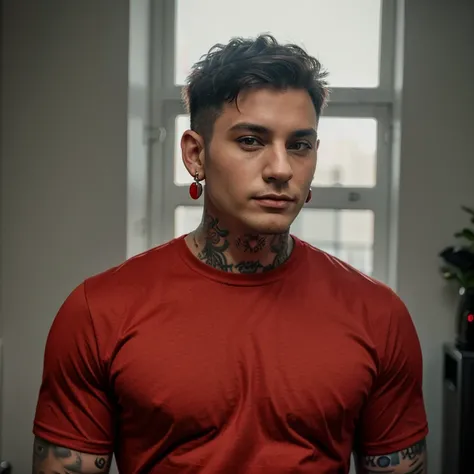 Tattooed gay man standing wearing red shirt and earring