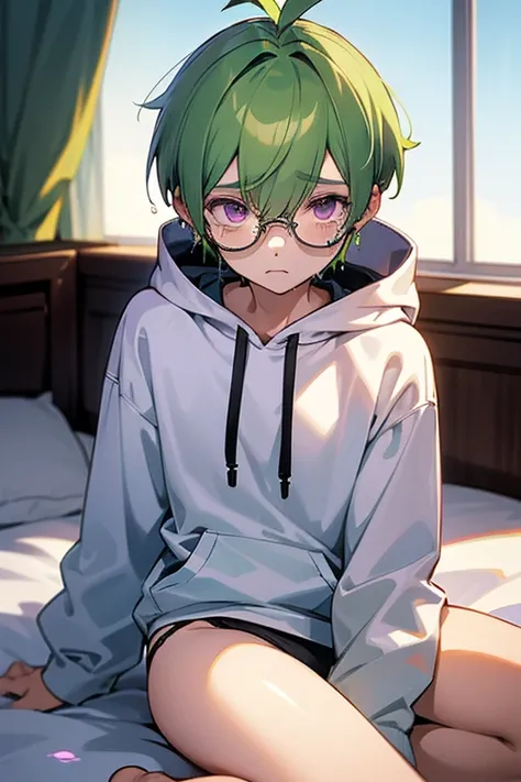 A boy,green hair,short hair,wearing a black circle glasses,two green antenna,purple eyes,cute,white skin,wearing a cute hoodie,wearing a panties,sitting on the bed,crying