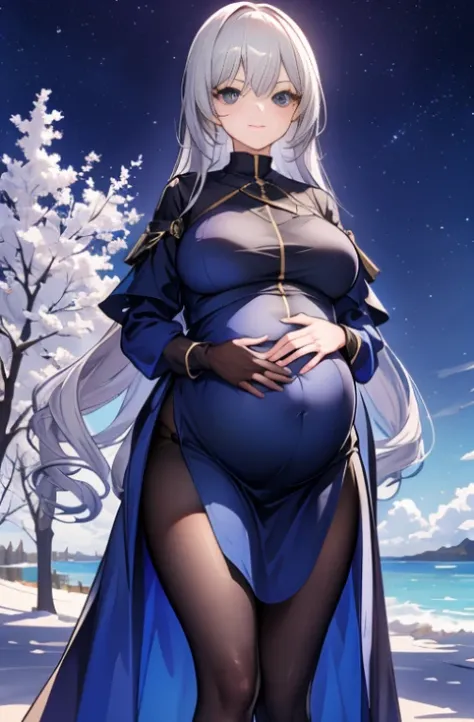 1girll，nightcity，Sateen，coat large，Put your hands in your pockets，Pregnant belly, One-piece tights, cabelos preto e longos, Large breasts, Raised sexy, Charming eyes, ssmile, style of anime, 8K, Super detail, The highest quality pregnant belly, Maternity w...