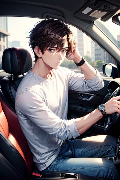 handsome man driving a car、drivers seat、with short brown hair,,lunette de soleil、white and navy knit、long-sleeve、roll up your ar...