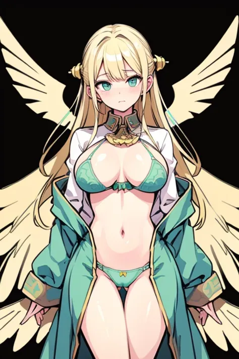 ((Best Quality)), ((Masterpiece)), (detailed), perfect faces, blonde hair, mint eyes, large breast, sexy, military pattern bra, military pattern lingerie, military pattern underwear, cum in pussy, breast milk, angel wings,