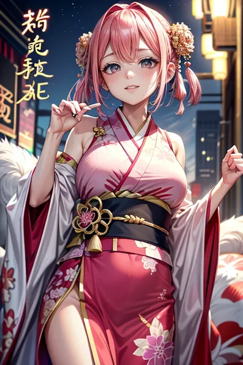 (Best Quality, 4K, 8K, hight resolution, masutepiece:1.2), Pink Hair、short braided hair。her breasts are beautiful and big。new years eve。ring the bell on New Year&#39;s Eve。Clothing is kimono。