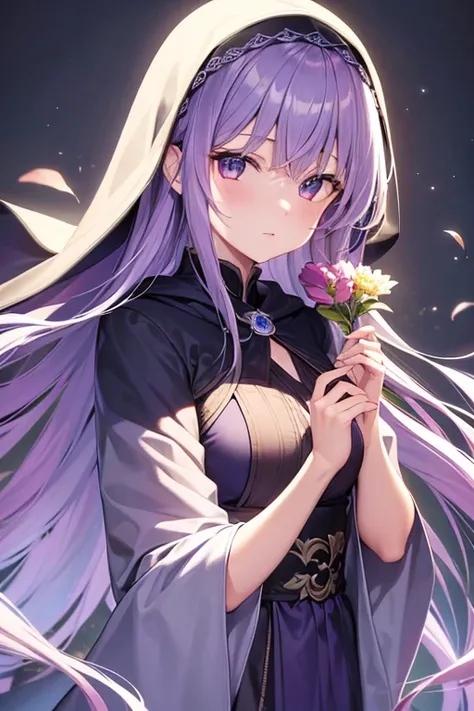 masutepiece, Best Quality, girl with、((Beautiful detailed eyes))、 (Detailed light)、depth of fields、Light purple hair、Light purple eyes、very long hair、light purple long dress,medium breasts、((Dark blue cloak)),(raided bangs),((straight hair))