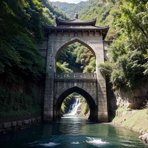 Ultra detailed realistic City gate of kebumen with Chinese influenced style, 6 lane high way, in the mountainous region, waterfall far away, river flow to the edge of the creek