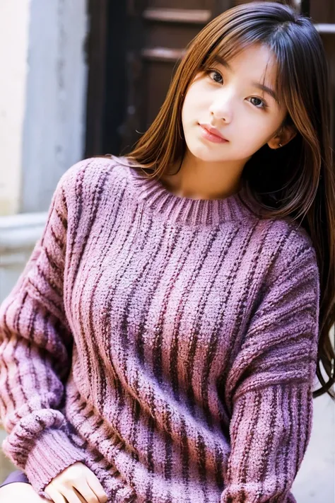 Beautiful girl wearing a pile sweater、sexy  pose、sixteen years old、