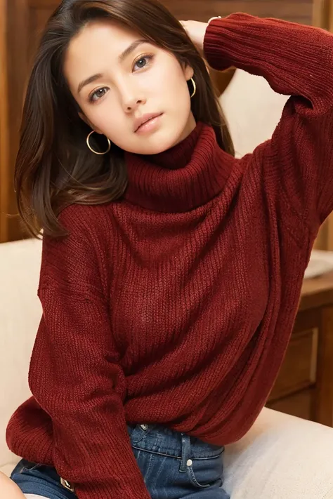 Beautiful girl wearing a turtleneck sweater、Sensational poses、14years、