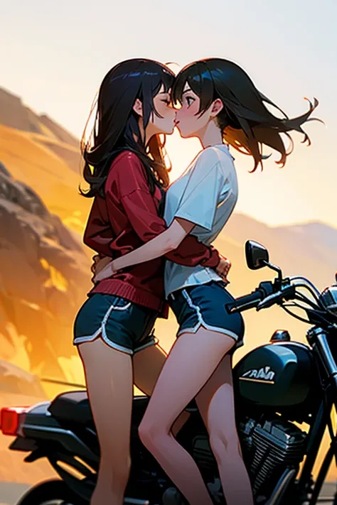 Two girls kiss while riding motorcycle, dolphin shorts, in the volcanic city