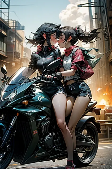 Two girls kiss while riding motorcycle, dolphin shorts, in the volcanic city