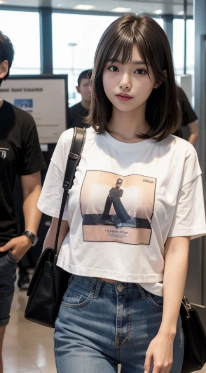 Realistic Pictures of Korean Women, crossed bangs, slightly smile, tee shirt, At the airport, POV, Eye-Level Shot, hazy, UHD, Masterpiece, high resolucion, 16 k