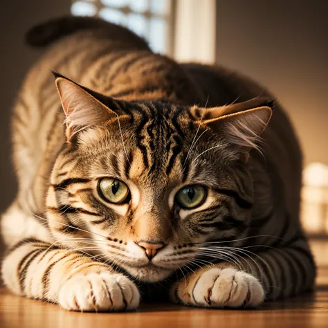 A playful tabby cat, Photograph, Realistic, Soft lighting, Medium shot, 35mm lens, Ambient light. {Art Station, Behance