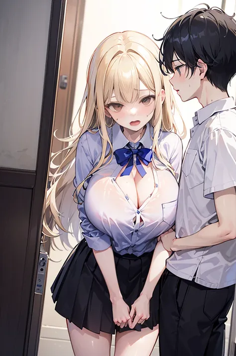 Perfect human body、2boy,2 girls、A couple、heterosexuality、 NSFW, (very highly detailed background、In front of the apartment), (((man standing next to girl))),  whitet-shirt、mini-skirts、鎖骨, ((woman with fever)), ((perspiring,steamy,college aged))), Cleavage ...