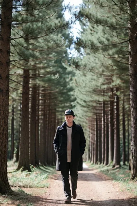 un homme qui marche dans la foret