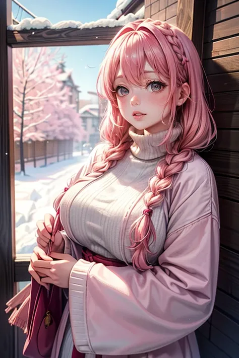 (best quality,4K,8K,high resolution,masterpiece:1.2),pink hair,short braided hair,beautiful and big breasts,snowing,snowman making,winter clothes,entering inside the Kamakura,illustration,realistic,soft colors,pink tones,gentle sunlight