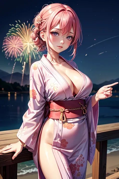 (Best Quality, 4K, 8K, hight resolution, masutepiece:1.2), Pink Hair、short braided hair。her breasts are beautiful and big。Wearing a high quality yukata、Do hand-held fireworks。