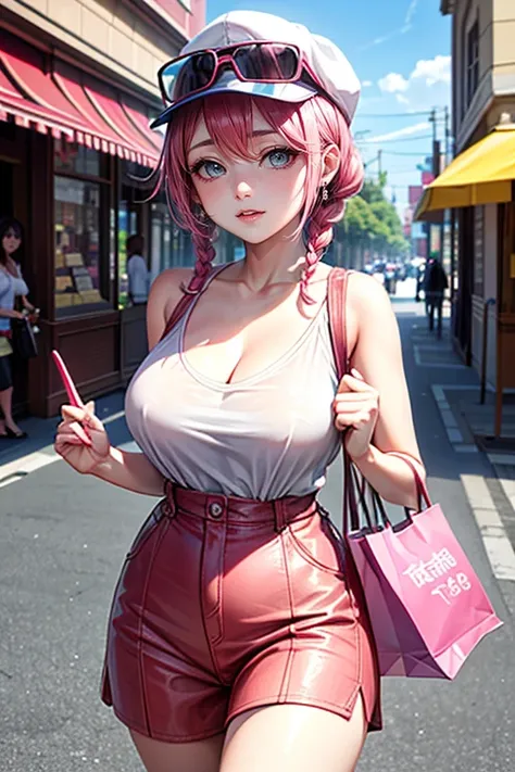 (Best Quality, 4K, 8K, hight resolution, masutepiece:1.2), Pink Hair、short braided hair。her breasts are beautiful and big。Shopping in town with CAP and sunglasses。