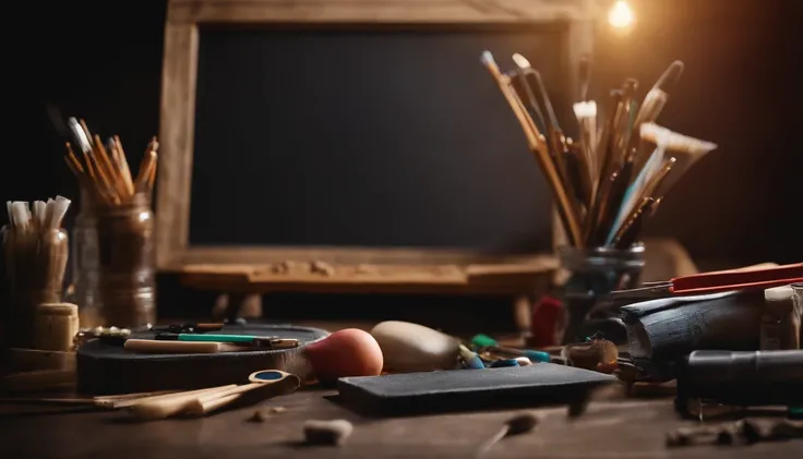 a creative shot of an empty blackboard with various art supplies or props scattered around it, representing the potential for creativity, imagination, and self-expression