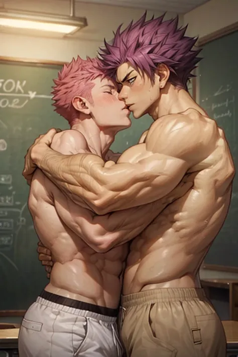 2 boys muscular shirtless kissing, Natsu Dragneel and Gray Fullbuster kissing in classroom. Good body proportions, good composition, arms on waist, embrace, good arms good hands.