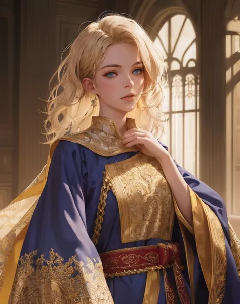 (masutepiece: 1.2, Best Quality), Realistic, (Real Image, Intricate details, depth of fields), Best Quality, masutepiece, Highly detailed, semi-Realistic, 1 girl, 20-year-old woman, With short golden hair, Left eye covered with hair, Blue eyes, Kings cloth...