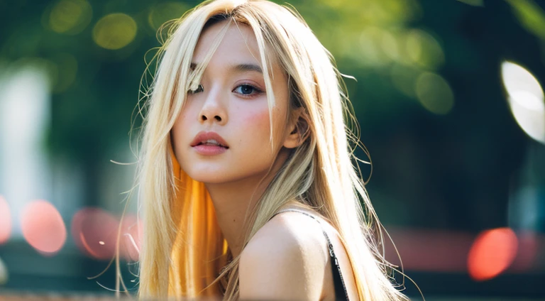 Cinematic Photo, beautiful japanese fashion model, long hair, blonde hair, bokeh.