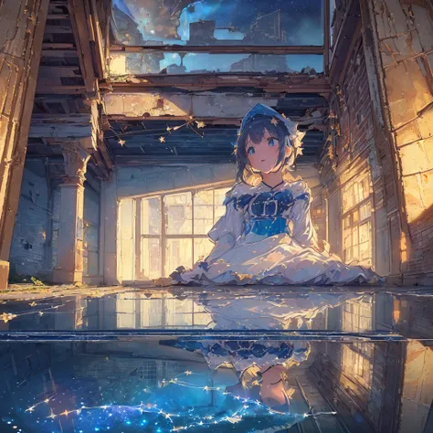 (((best, highest quality)) (((( masterpiece))), (((highest quality))), (((super detailed))), (very delicate and beautiful)), girl looking up at the sky, light like in a movie, (((water pooling in an old building and reflecting starry sky))), Milky Way, (ru...