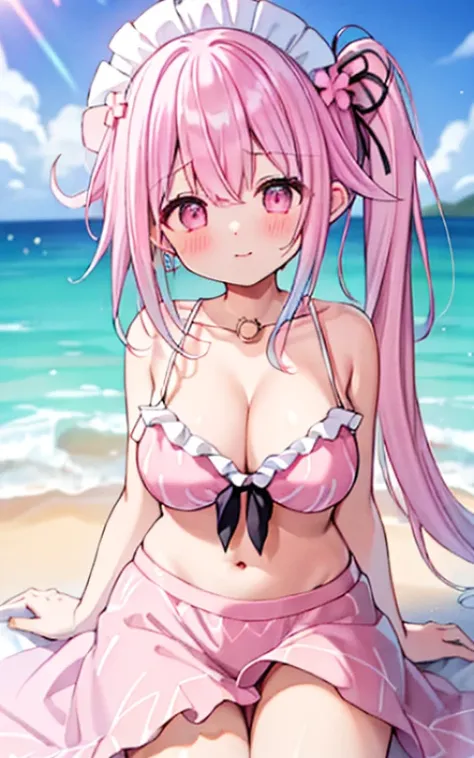 Adorable, 14years,   Ruffled Summer Dresses,  pink_hair, side_ponytail, long_hair, blue_hair, pink_eyes, gradient_hair, multicolored_hair, ribbon, on train, (Smile:0.8),Looking at Viewer,   hair scrunchie, grabbing on breasts, Shiny skin, Best Quality, 超A ...