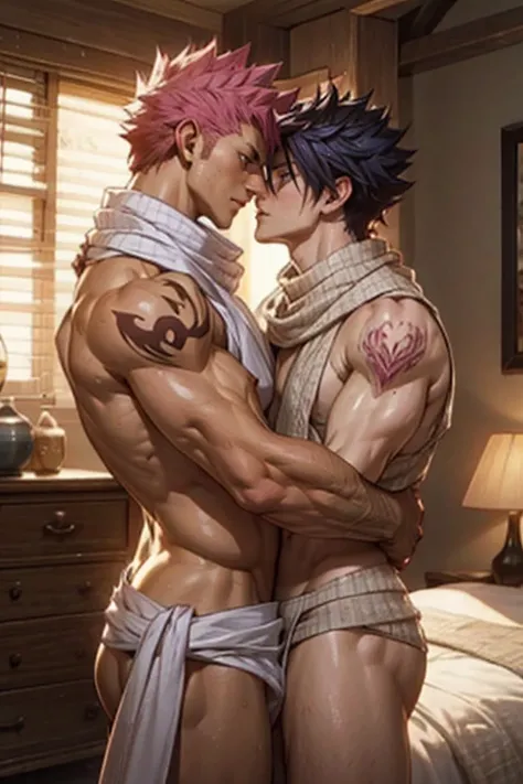 2 boys muscular shirtless kissing (naked), Natsu Dragneel and Gray Fullbuster kissing in bedroom naked naked naked. Good body proportions, good composition, arms on waist, embrace, good arms good hands. Tattoos and white scarf