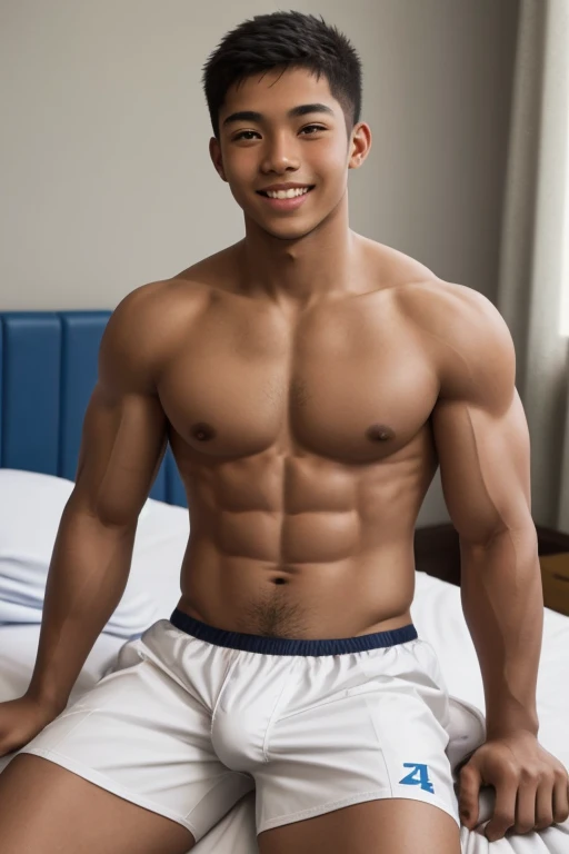 muscular patient, 14 years old,burly, (shirtless), speedos, ebony skin, smilling happily, lying on the patient bed, detailed, lovely, detailed faces