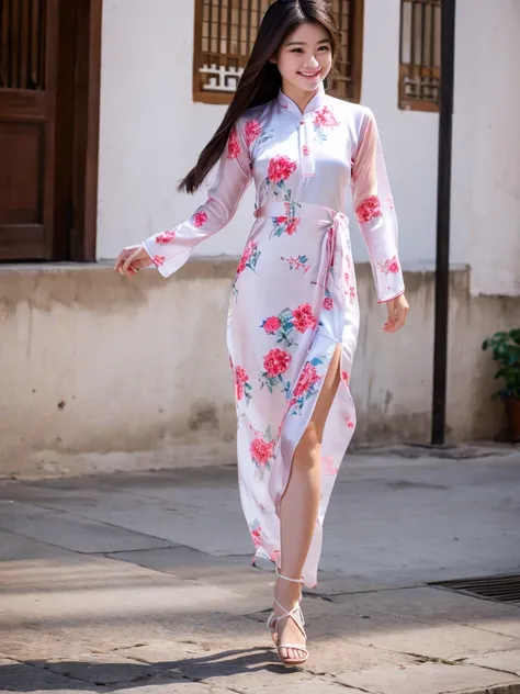 white silk floral design aodai, Vietnamese girl, smile , long silky hair, Realistic lighting, delicate face, Body perfect anatomy,Top Quality, 8K Resolution , full body , realistic , real human , High quality, realistic , Cinematic, Aesthetic, beautiful gi...