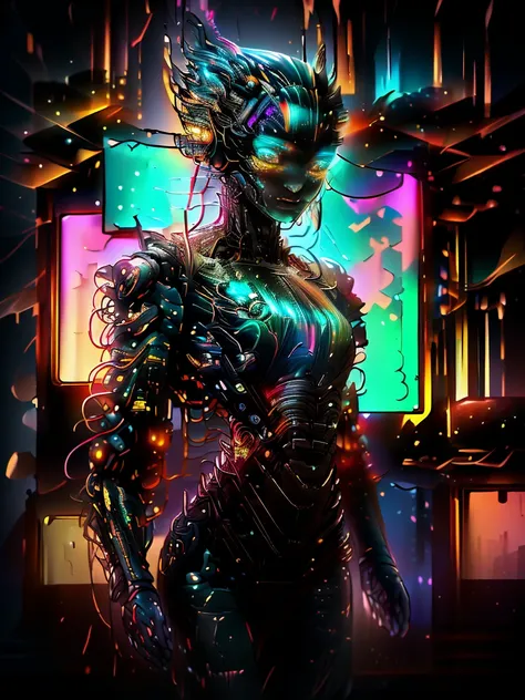 [award winning photo portrait of a cute smile girl standing outside a cyberpunk neon city street:award winning photo of a cyborg, bundle of glowing fiber optic cables:0.2], epic realistic, art, (hdr:1.2), (muted colors:1.2), pastel, hyperdetailed, (artstat...