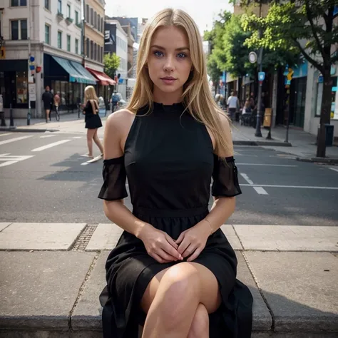 Instagram Hot blonde, blue eyed chick, wearing a beautiful black dress in public