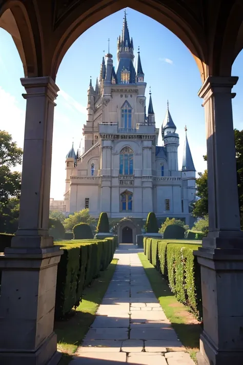 There is a big castle there，There is a garden in front, palace background, castle scene manga, Holy Grail Palace, Cheverny Castle, luxury castle, Madhouse Studio anime style, palace of versailles, style of madhouse anime, screenshot from the anime film, 1 ...