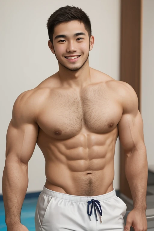 muscular doctor, 
21 years old,burly, (shirtless), speedos, white skin, smilling happily, detailed, lovely, detailed faces