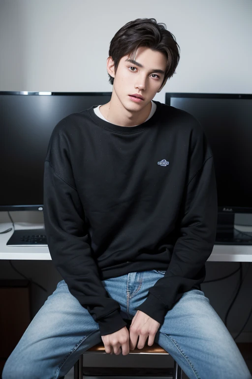 (bestquality:1.1), (Realistic :1.1), (shooting imaging:1.1), (high-detail: 1.1), (One person) , ((1male, 19 years old), white, handsome., Short black brown hair, Wearing a black sweatshirt...,Blue Jeans)), Sit facing away from the computer screen.., Bedroo...