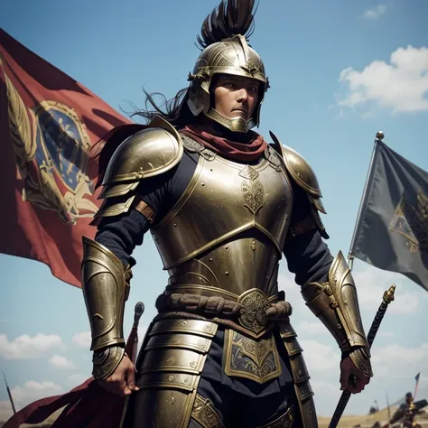 An image of an ancient warrior in magnificent armor and helmet, with a strong and determined gaze. He stands on the battlefield, with a background of fluttering flags and soldiers preparing for combat. The image should focus on the details of the armor, we...