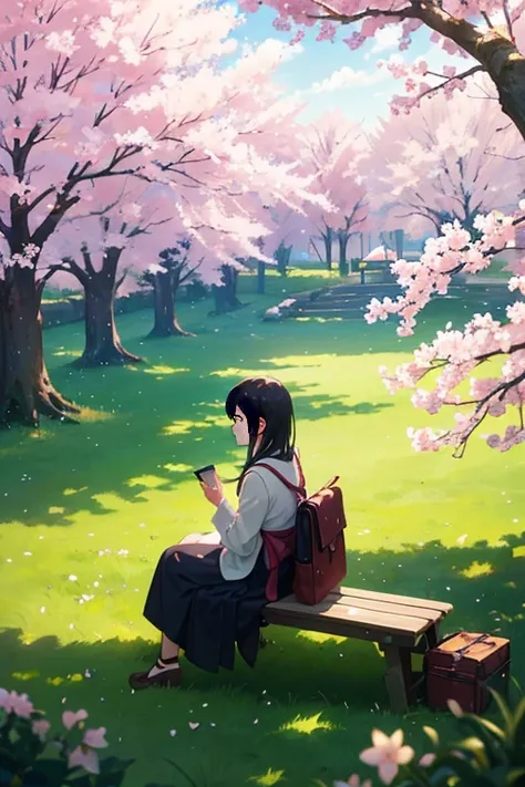 (best quality:1.2,ultra-detailed,realistic,anime,beautiful serene scene), girl sitting on a bench next to a tree, anime scenery, TV anime still, beautiful anime scenes, anime movie still, serene and peaceful anime scene, Kyoto Animation still, animated mov...