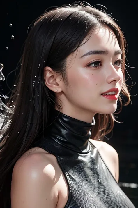 ((best quality)), ((masterpiece)), (ultra details), 
background black, black background, water splash, splashed water, get splashed, got drenched 
1girl, cute face, k-pop idle IVE, red lip, smiling face, playing, messy hair,  casual hair,  wearing turtlene...