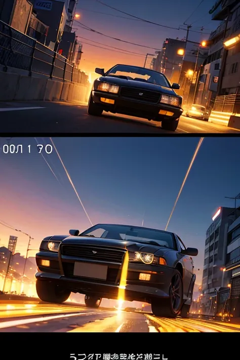 There is a car driving on the highway at night, Initial D animation screenshot, Rio de Janeiro in an animated film, anime movie screenshot, screenshot from the anime film, Screenshot of the 2012 animation, hd anime cityscape, anime movie backgrounds, anime...