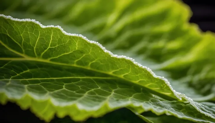 a detailed macro shot of the delicate, lacy edges of a lettuce leaf, highlighting the intricate patterns and unique characteristics of each leaf