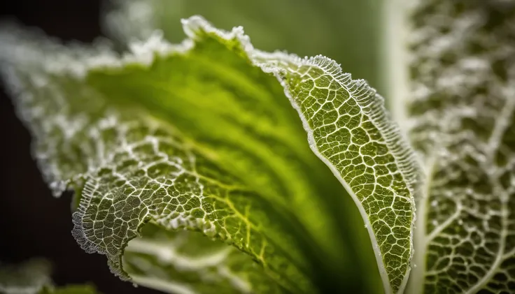 a detailed macro shot of the delicate, lacy edges of a lettuce leaf, highlighting the intricate patterns and unique characteristics of each leaf